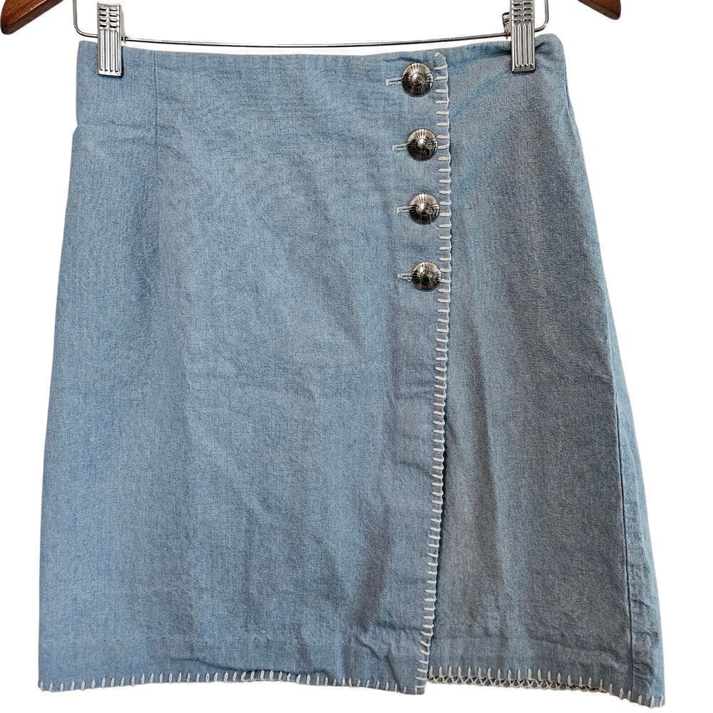 Vintage Breeches Denim Skirt Womens Size 10 Light Blue Wrap Button 80s Cottage
